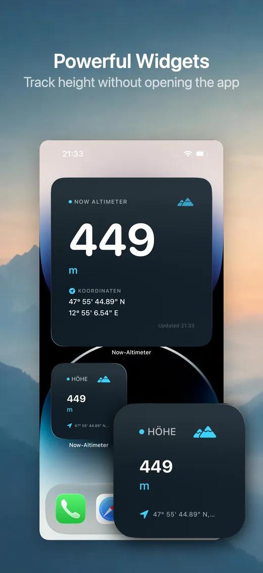 iPhone home screen with Now Altimeter widgets in several sizes